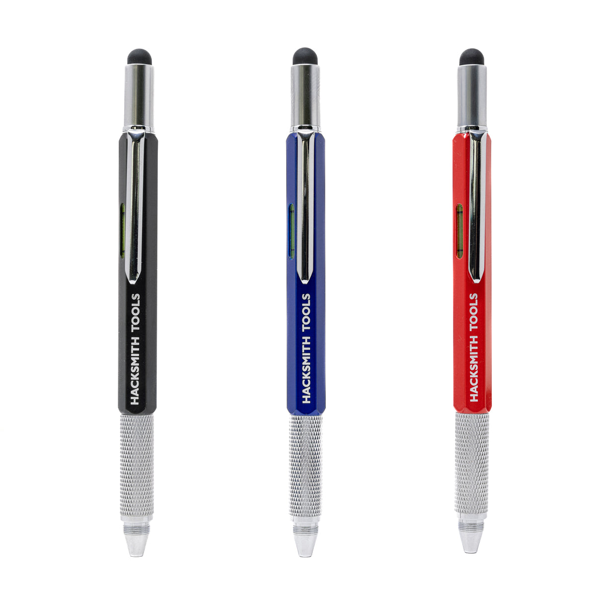 Colorful Hacksmith Tools 7-in-1 aluminium tool pen with multiple tools integrated in a compact design.
