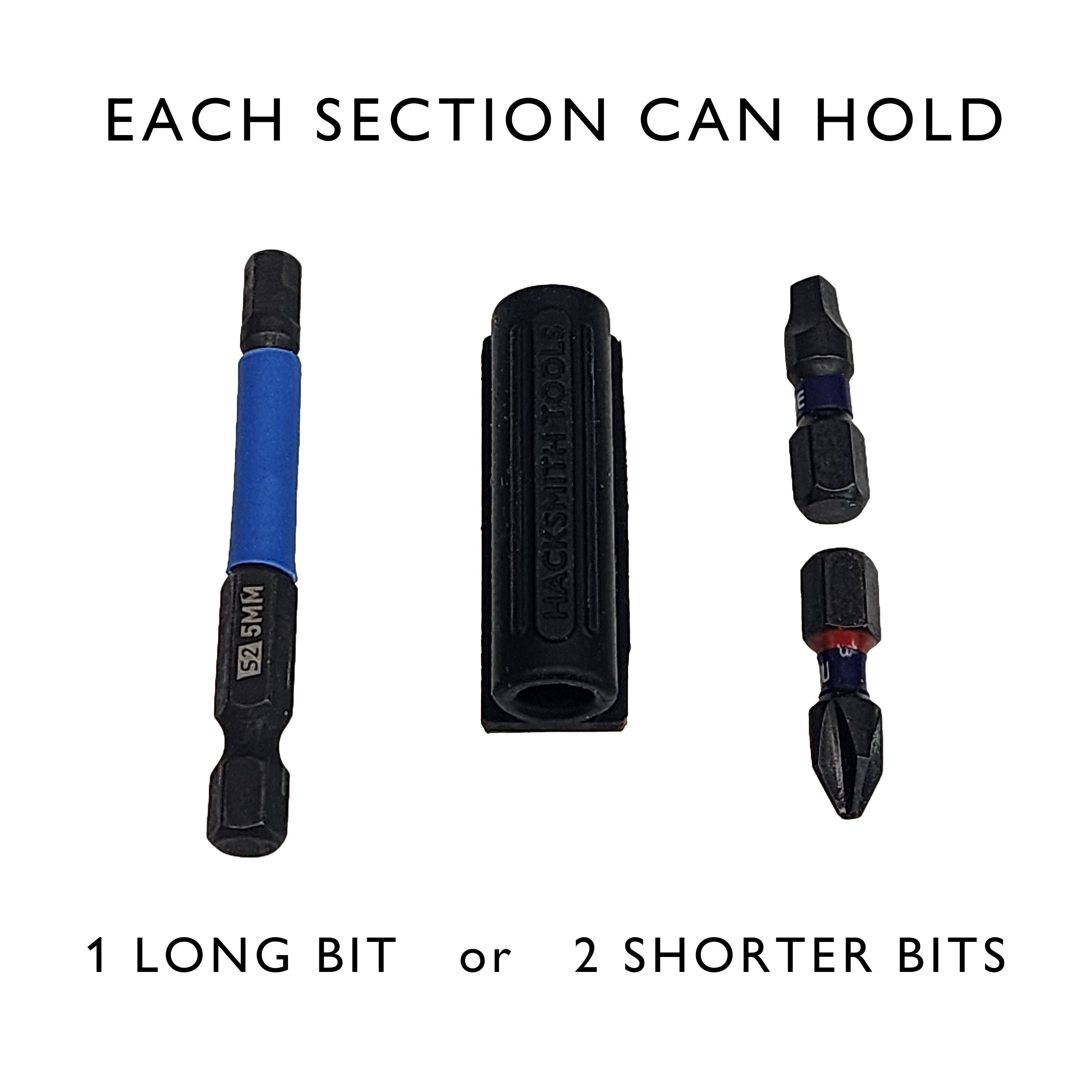 Hacksmith Tools 10-slot drill bit holder bandolier with multiple compartments for organizing and carrying drill bits and tool accessories.