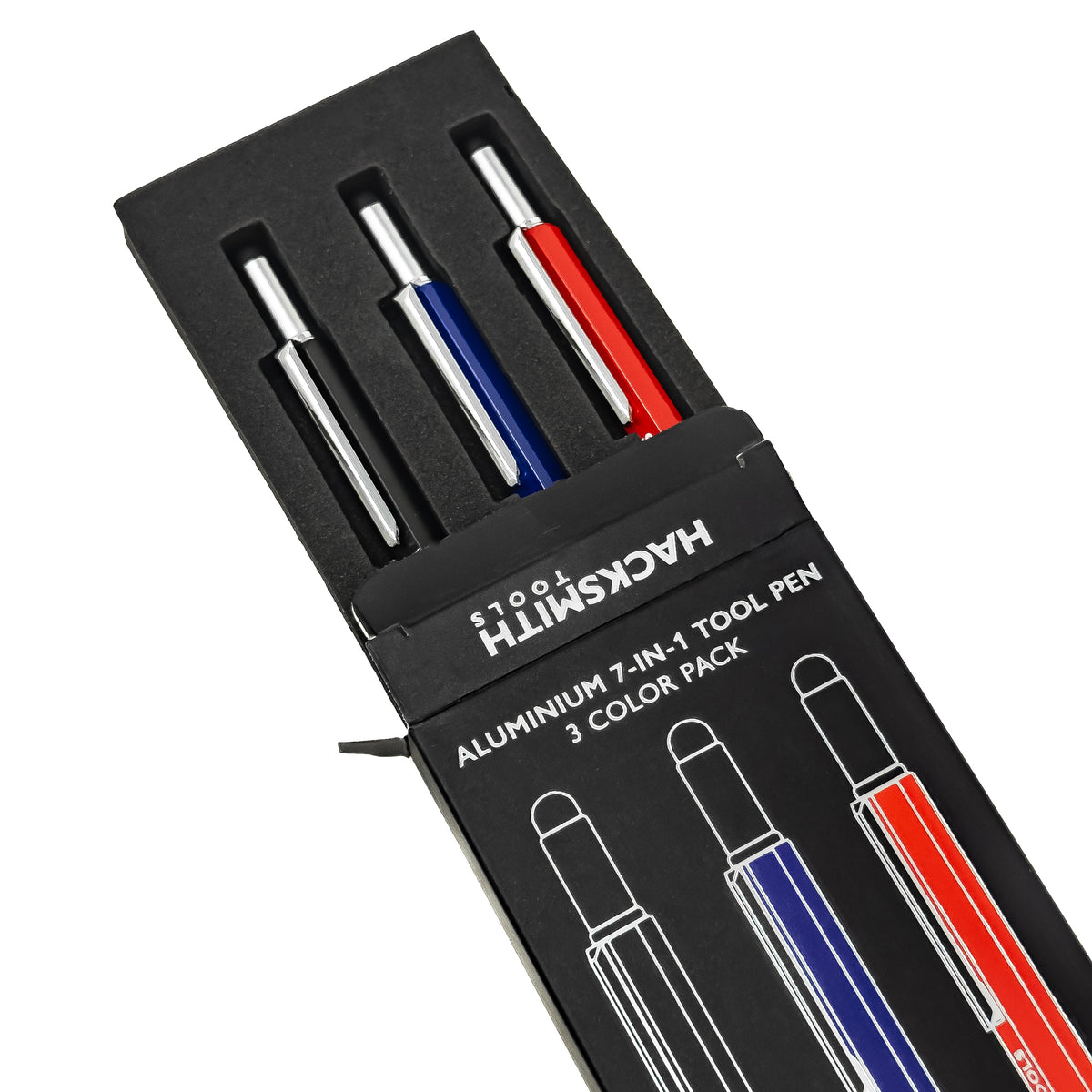 Aluminium 7-in-1 Tool Pen by Hacksmith Tools with multiple integrated functions, displayed in a gift package.