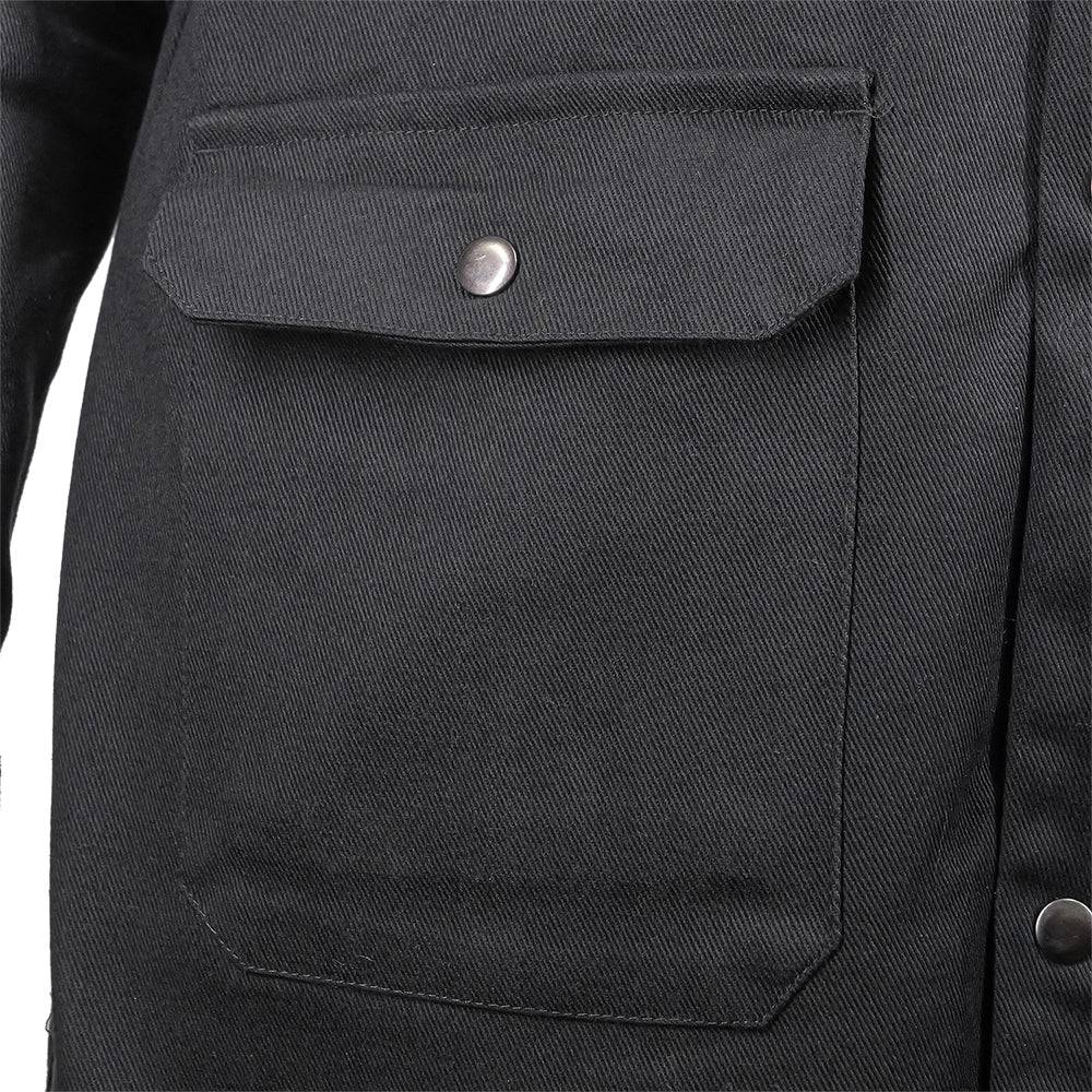 Fire-resistant shop coat by Engineered By Hacksmith, lightweight workwear with durable fireproof material, shown on a mannequin.