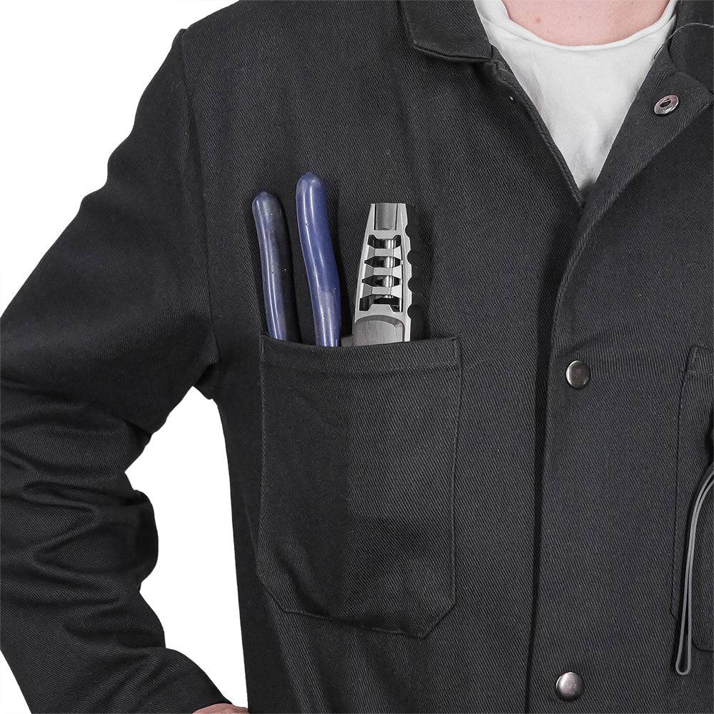 Engineered By Hacksmith fire-resistant shop coat in workwear, showing the durable, protective fabric and professional fit.