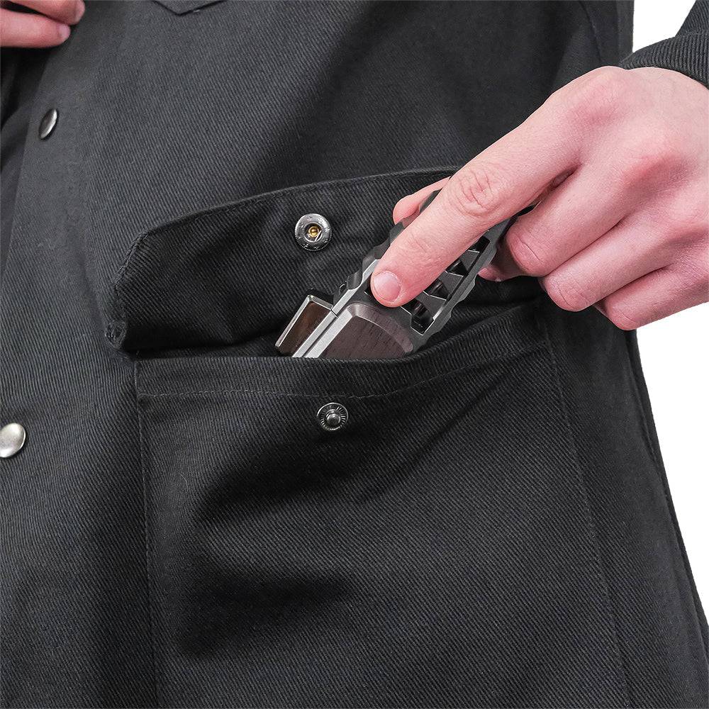 Fire-resistant shop coat by Engineered By Hacksmith, durable workwear with flame-retardant fabric, shown in XS size.