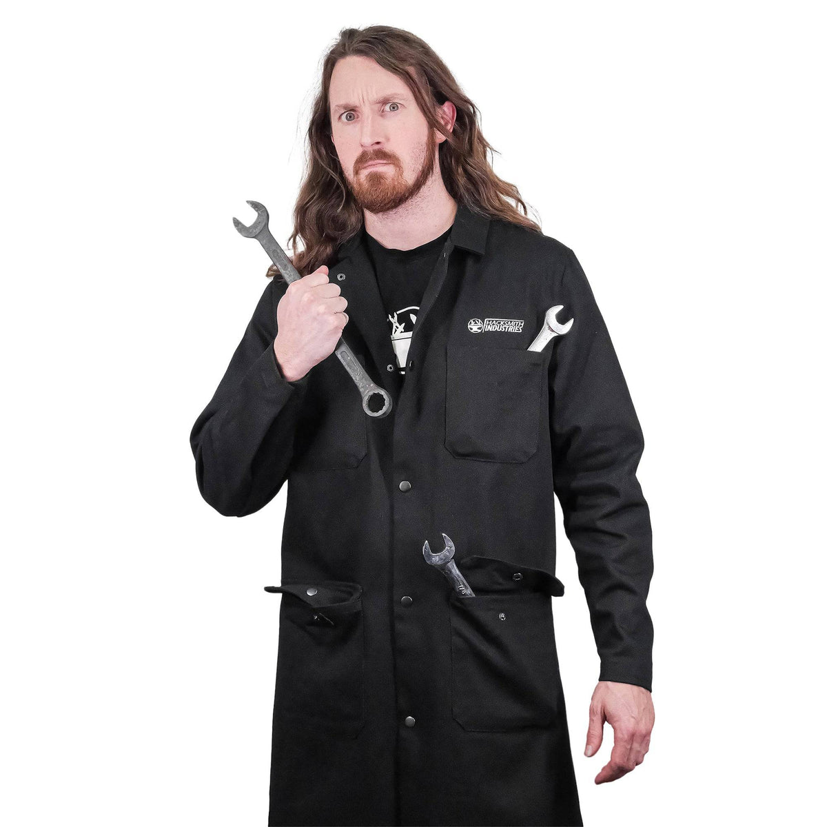 Fire-resistant shop coat from Engineered By Hacksmith, durable workwear with safety features, shown in size XS.
