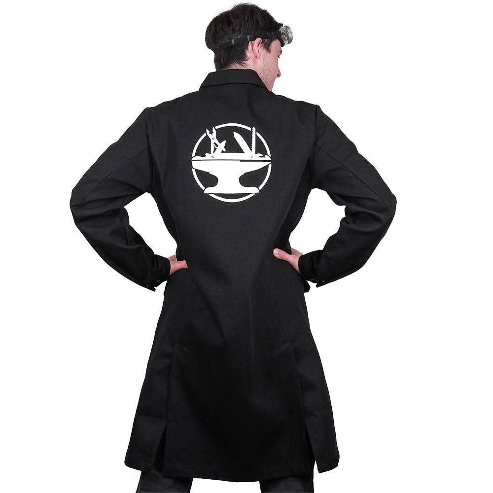 Fire-resistant shop coat by Engineered By Hacksmith, durable workwear with fire-resistant fabric, shown on a mannequin.
