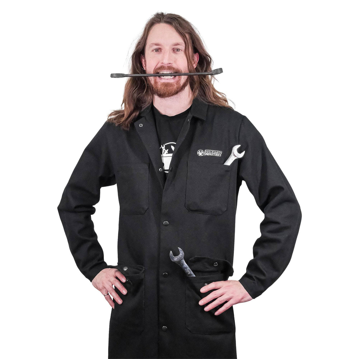 Fire-resistant shop coat by Engineered By Hacksmith, durable workwear with safety features, shown in a close-up image.