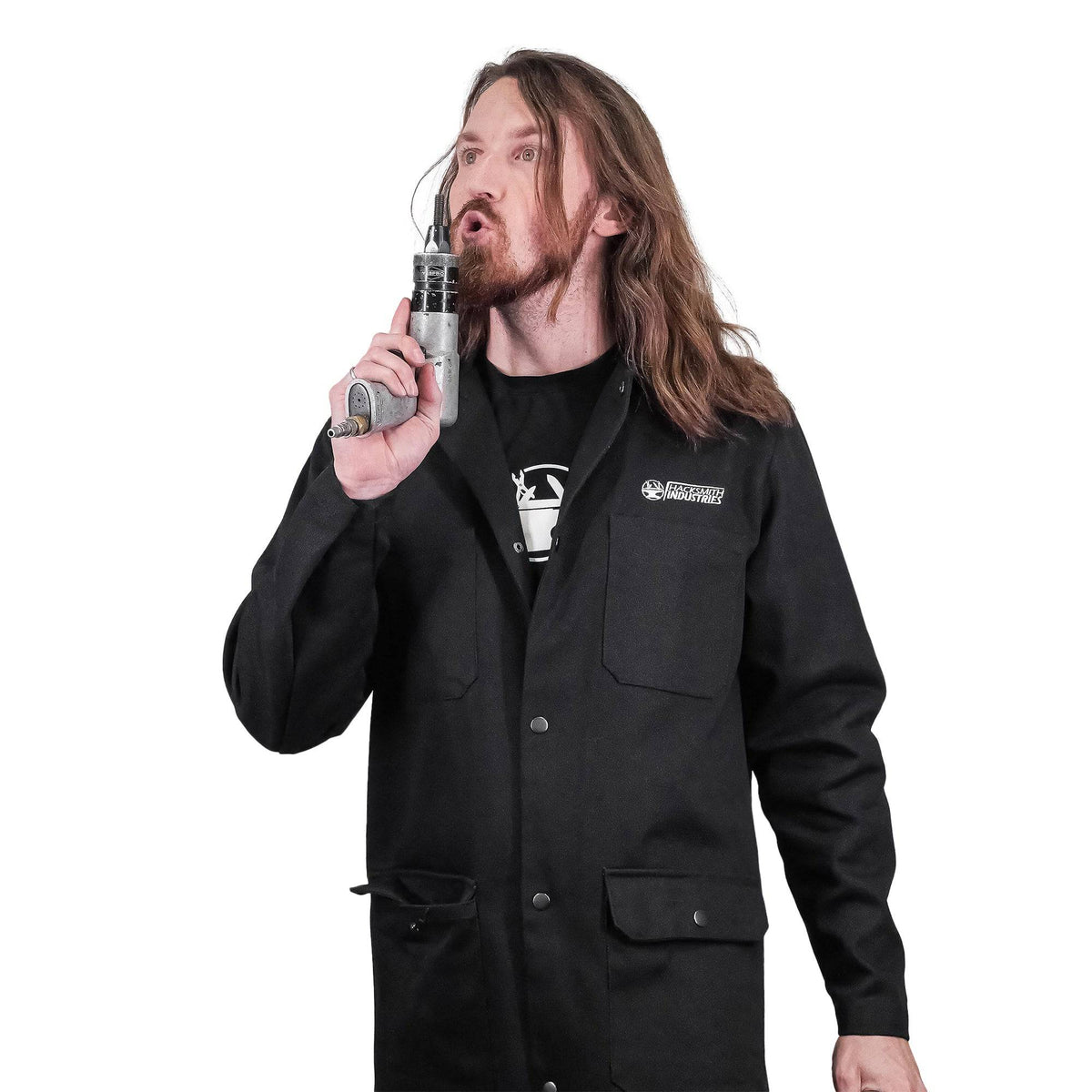 Fire-resistant shop coat by Engineered By Hacksmith, durable workwear with long sleeves and protective fabric for industrial safety.