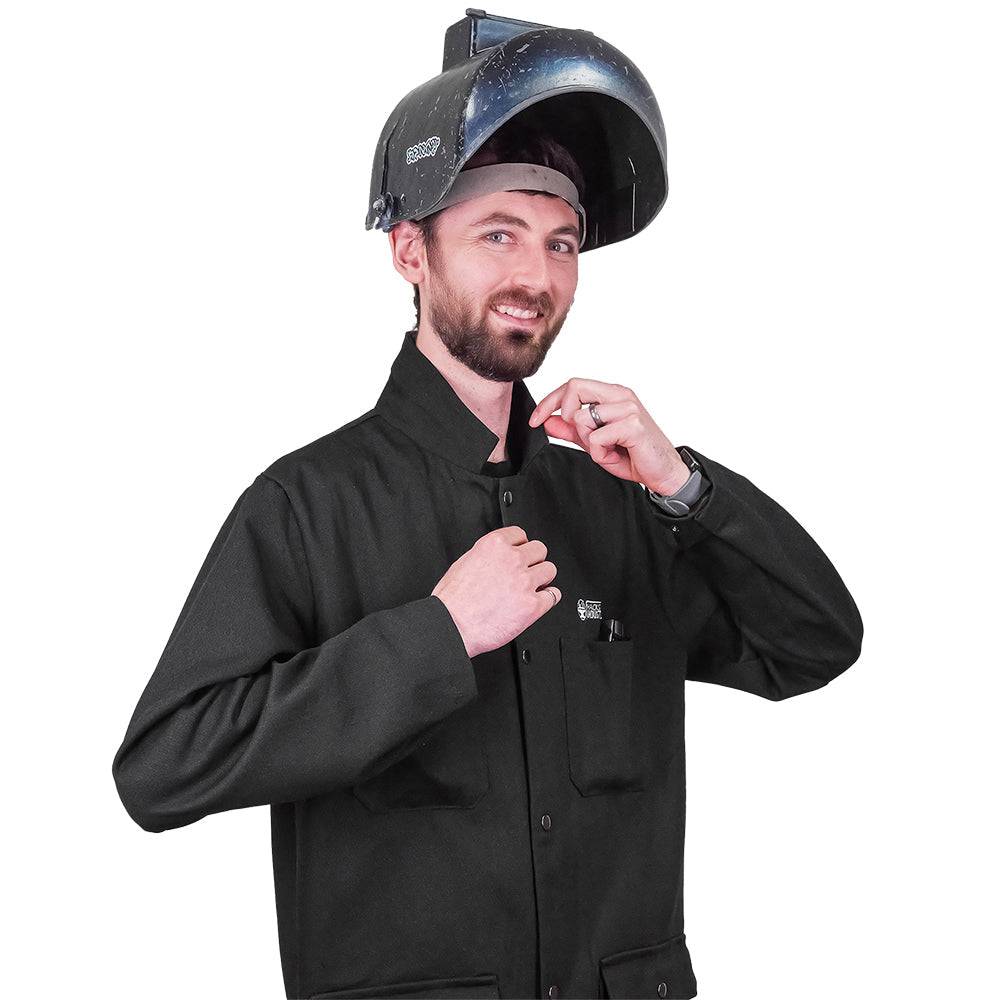 Fire-resistant shop coat by Engineered By Hacksmith, durable workwear with reinforced stitching and safety features.