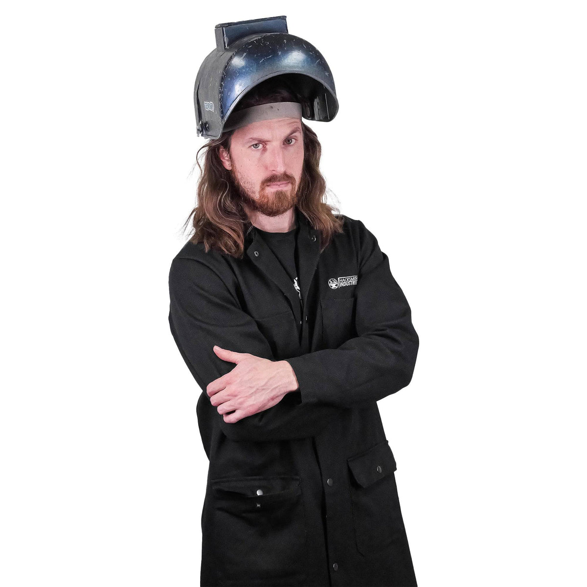 Fire-resistant shop coat by Engineered By Hacksmith, durable workwear with safety features, shown in XS size.