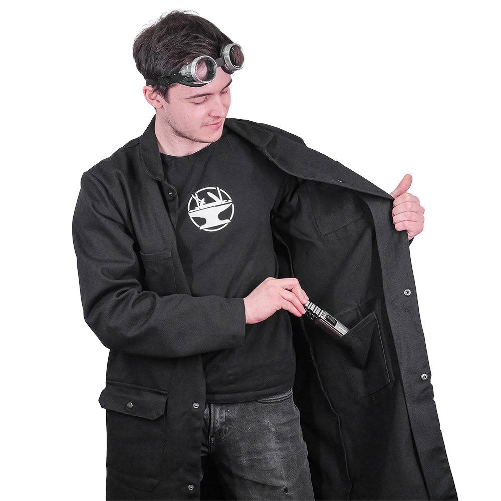 Fire-resistant shop coat by Engineered By Hacksmith, lightweight workwear in XS size, shown on a mannequin.