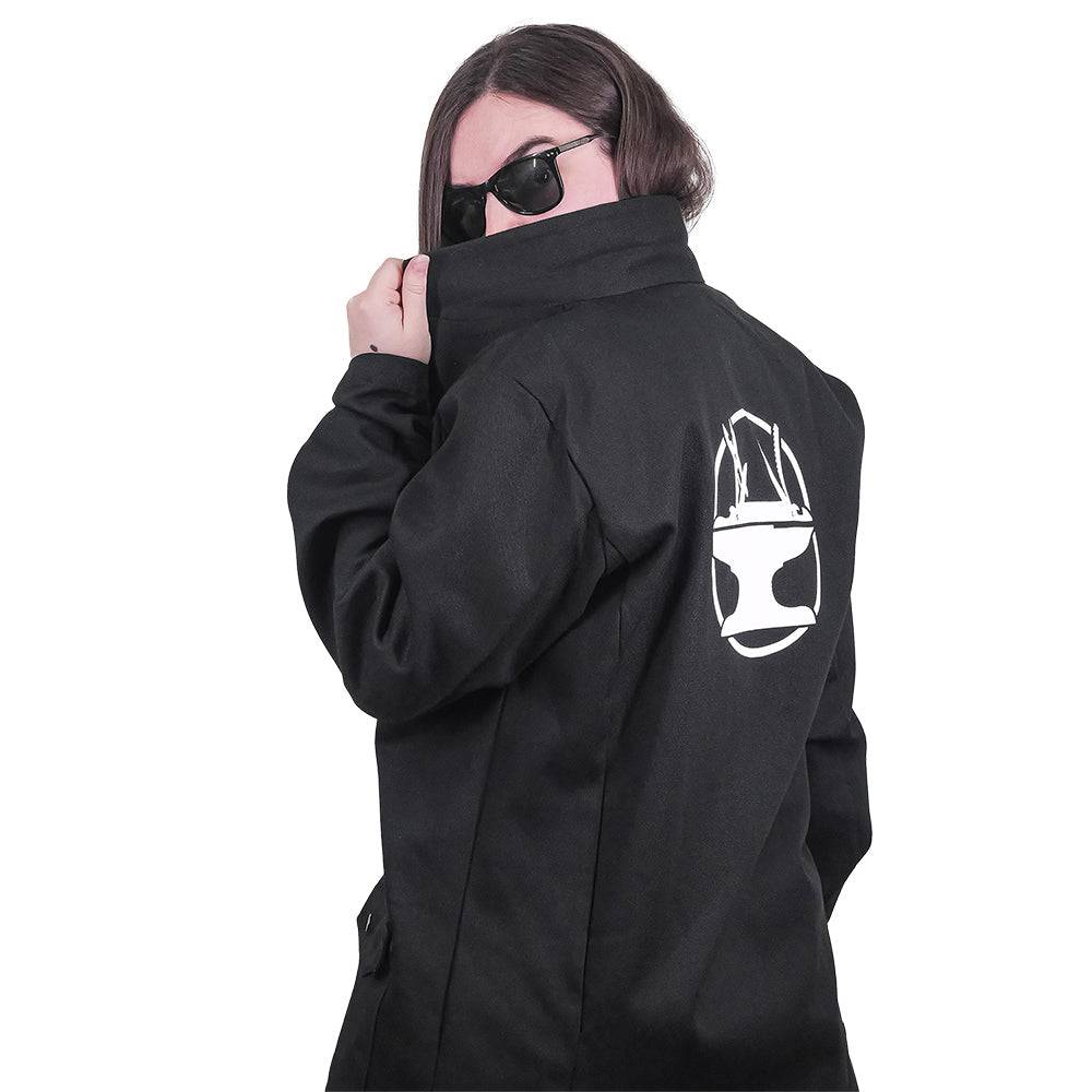 Fire-resistant shop coat by Engineered By Hacksmith, durable workwear with long sleeves and safety features for industrial work.