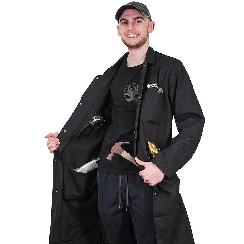Fire-resistant shop coat by Engineered By Hacksmith, durable workwear with fire-resistant fabric, shown in a close-up view