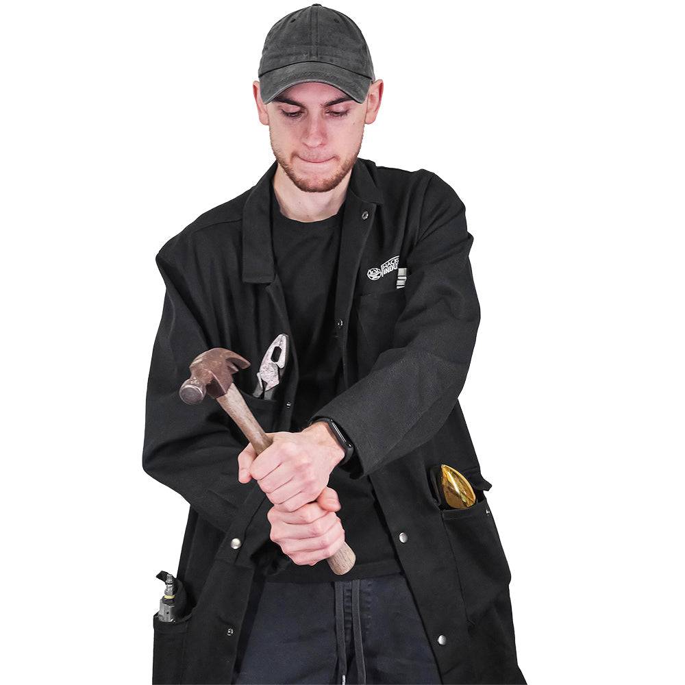 Fire-resistant shop coat by Engineered By Hacksmith, durable workwear with safety features, shown in XS size.