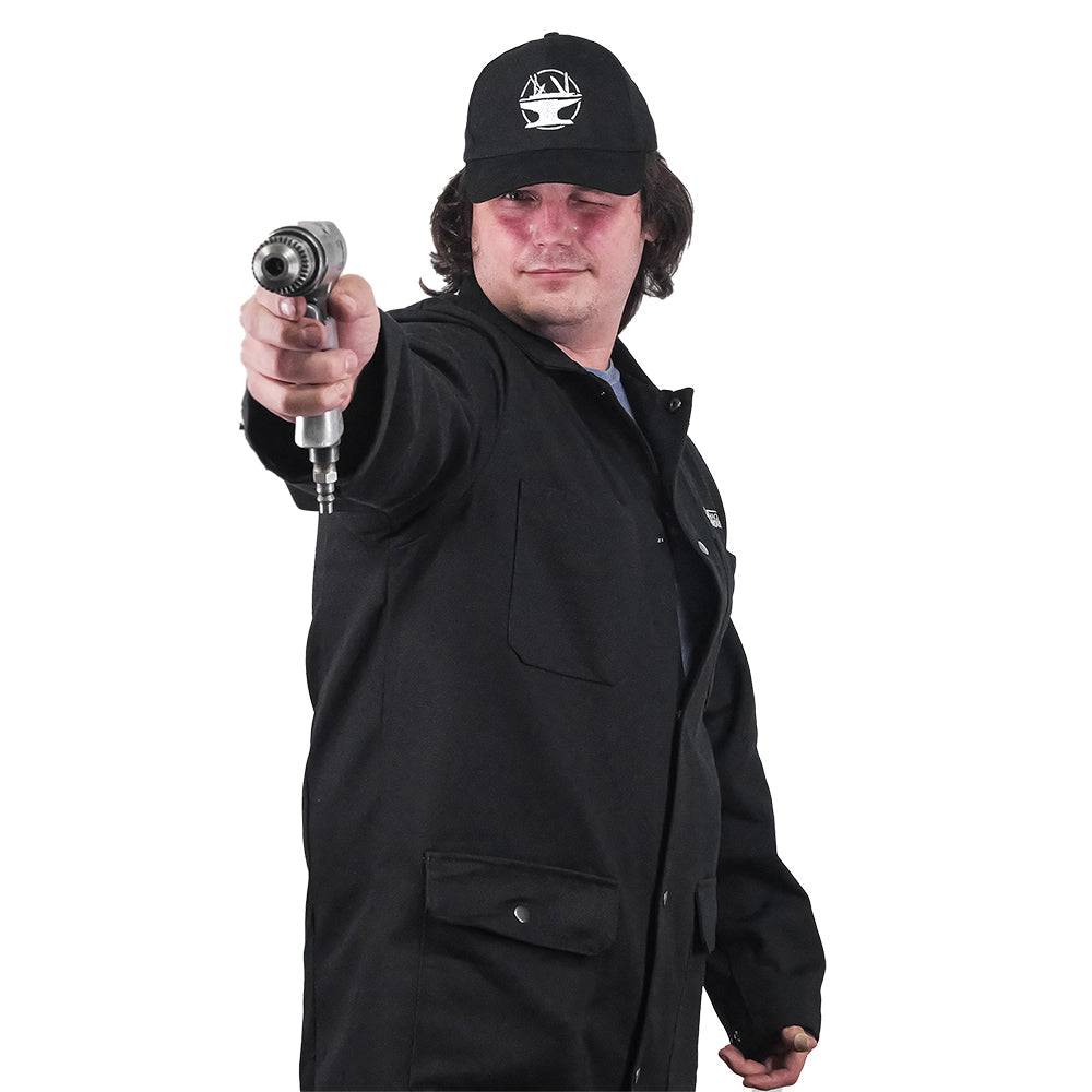 Fire-resistant shop coat by Engineered by Hacksmith, durable workwear with safety features, shown in a close-up image.