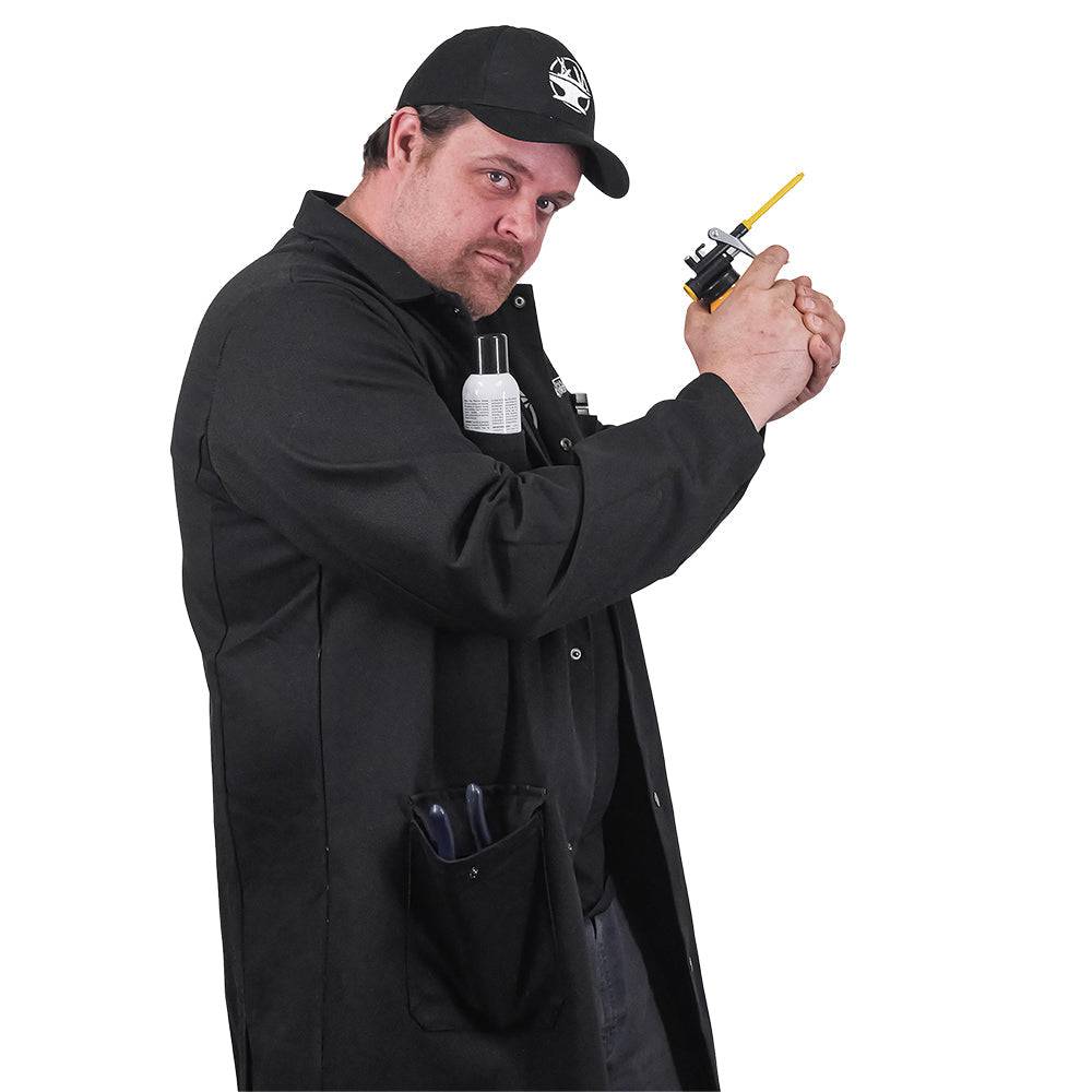 Fire-resistant workwear shop coat by Engineered By Hacksmith, lightweight and durable fabric with safety features visible in the image.