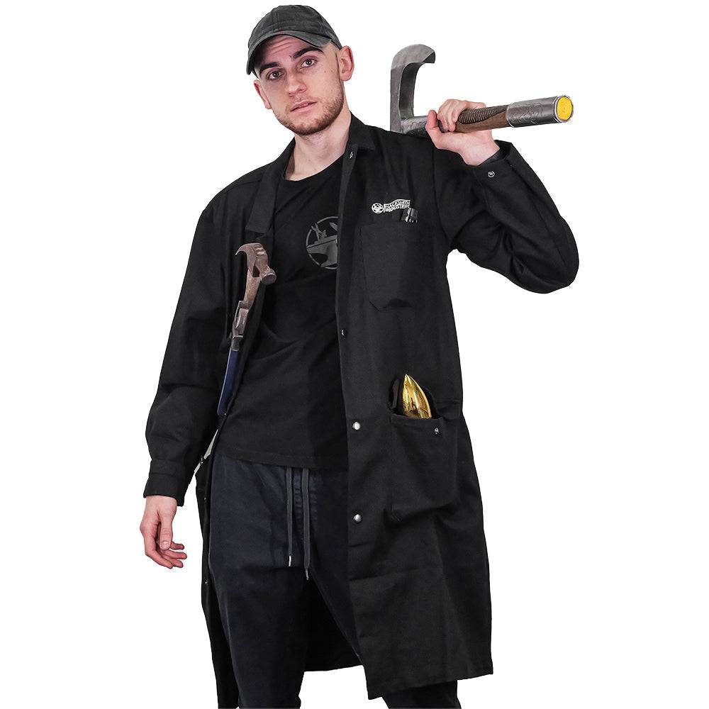 Fire-resistant shop coat by Engineered By Hacksmith, durable workwear with flame-resistant fabric and practical design.