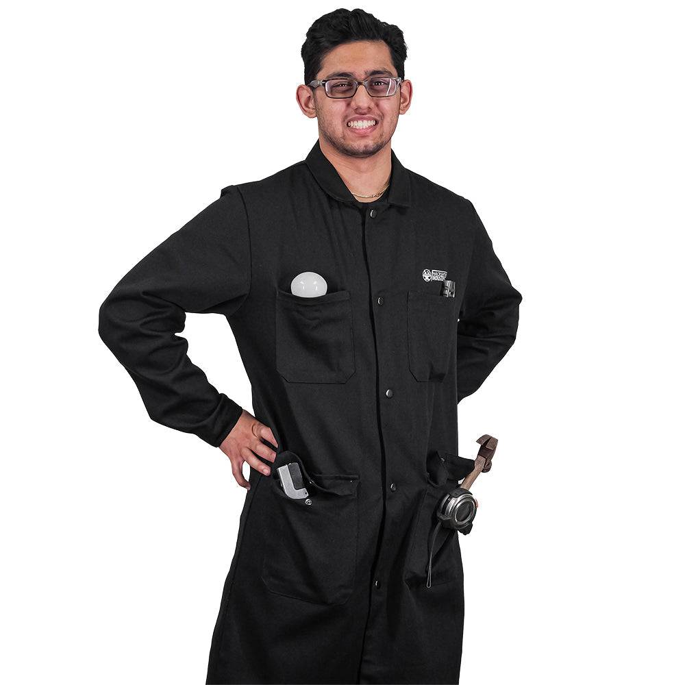 Fire-resistant shop coat by Engineered By Hacksmith, durable workwear with flame-resistant fabric and practical design for industrial safety.