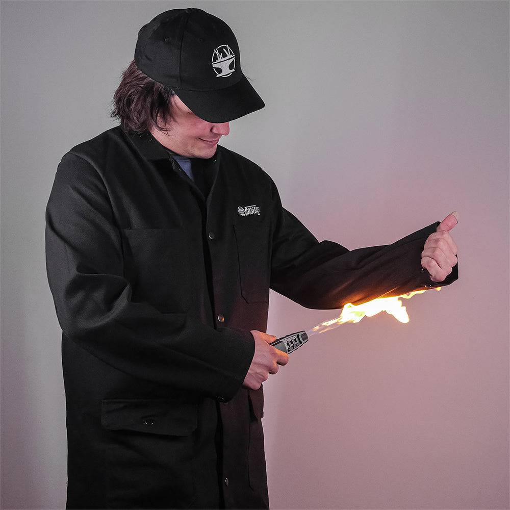 Light blue fire-resistant shop coat by Engineered By Hacksmith, workwear with durable fabric and safety features.