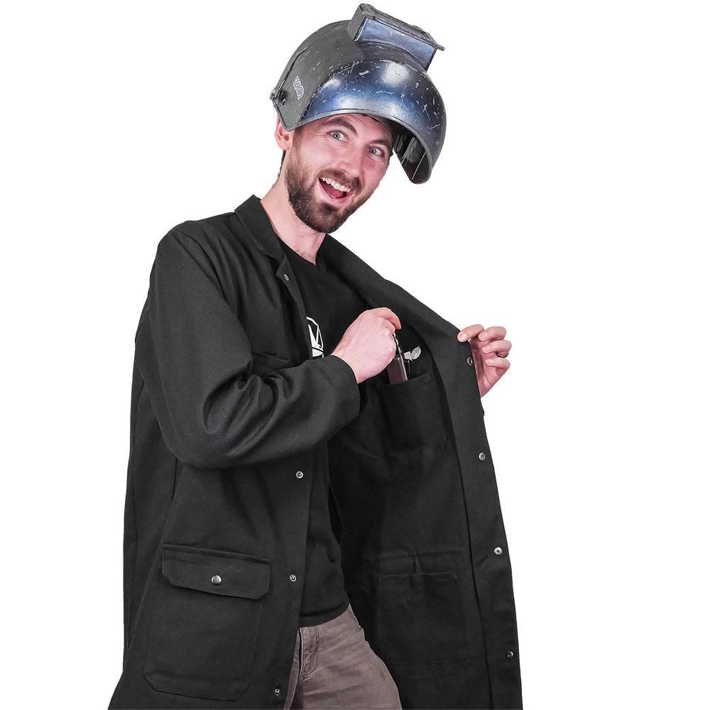 Fire-resistant workwear shop coat by Engineered By Hacksmith, lightweight and durable with flame-retardant fabric for industrial safety.