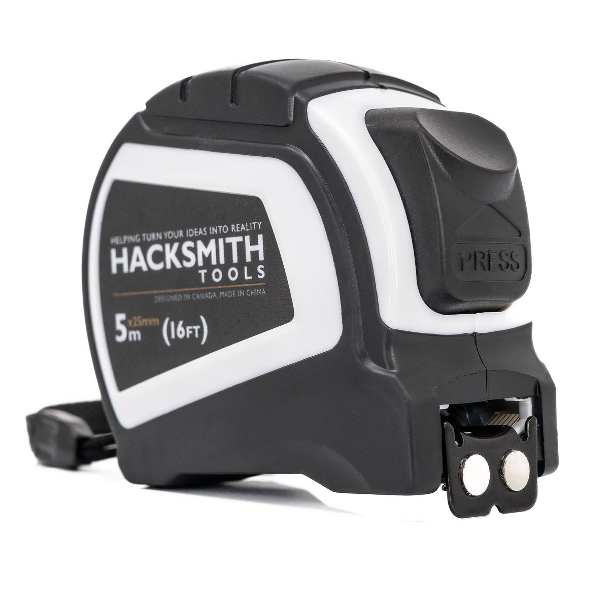 Hacksmith Tools tape measure with a retractable measuring tape, featuring clear measurement markings and a sturdy plastic case.