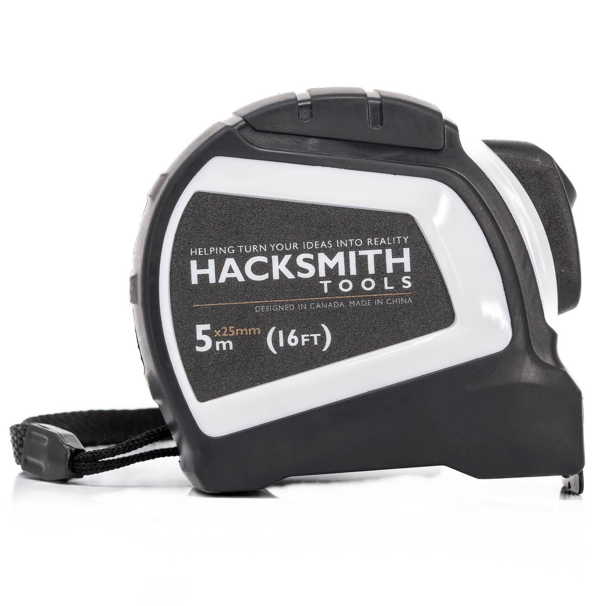 Hacksmith Tools tape measure with yellow and black casing, extended to show measurement markings on a white background.