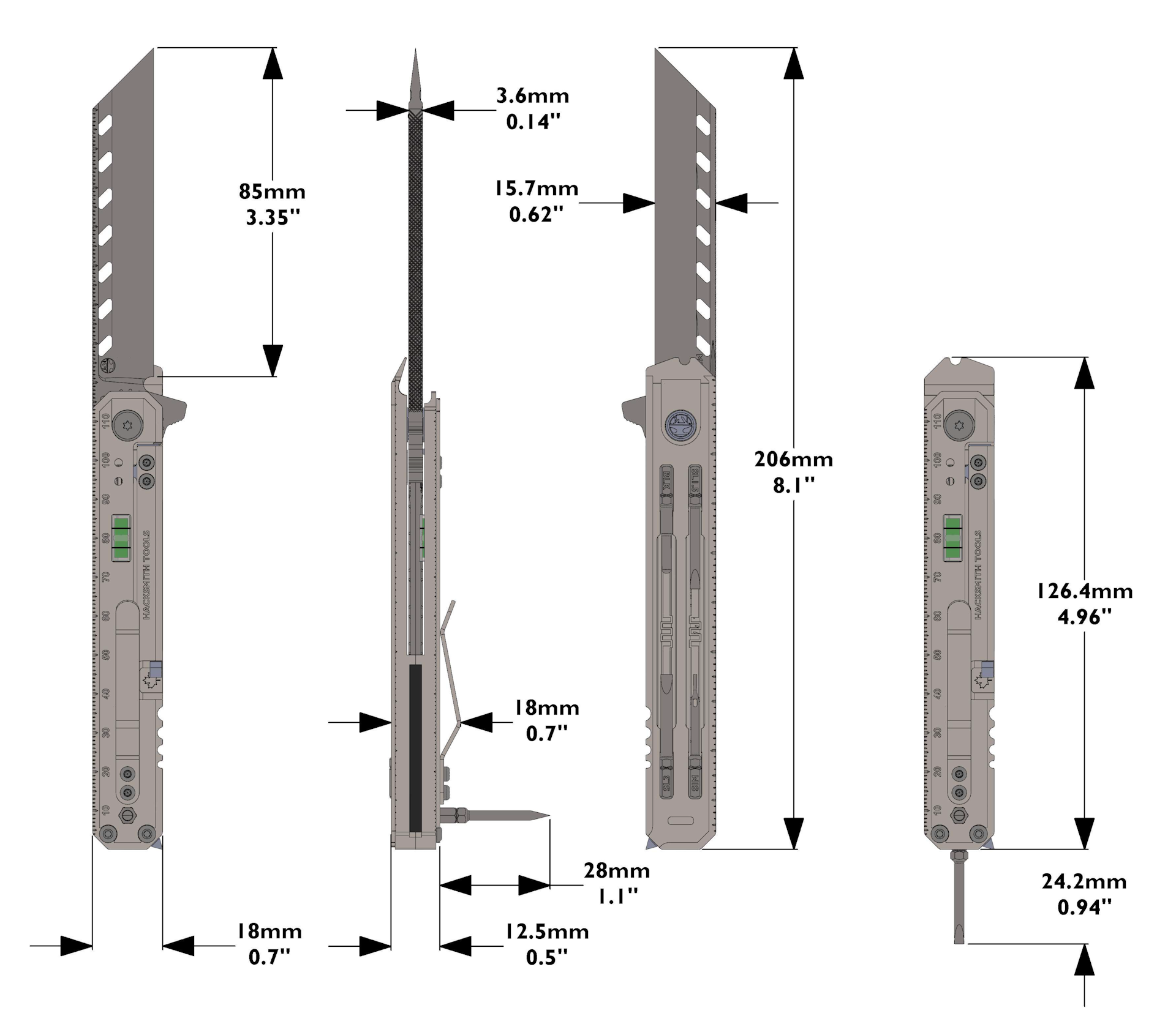 Colored illustration of the Hacksmith Tools Smith Blade PRO 21-in-1 pocket tool knife with multiple functions.