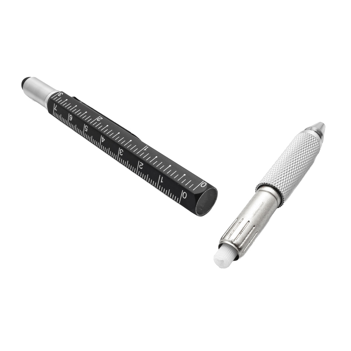 Black aluminium 7-in-1 Hacksmith Tools tool pen with multiple integrated tools shown on a white background.