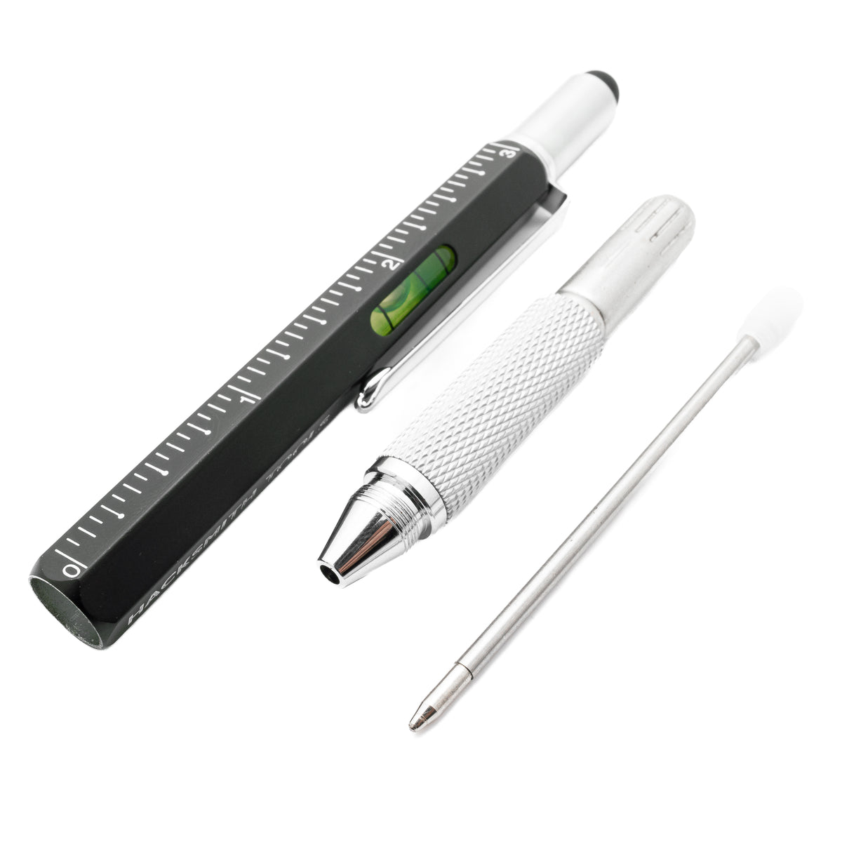 Black Hacksmith Tools aluminium 7-in-1 tool pen with multiple functions, compact and versatile for everyday use.