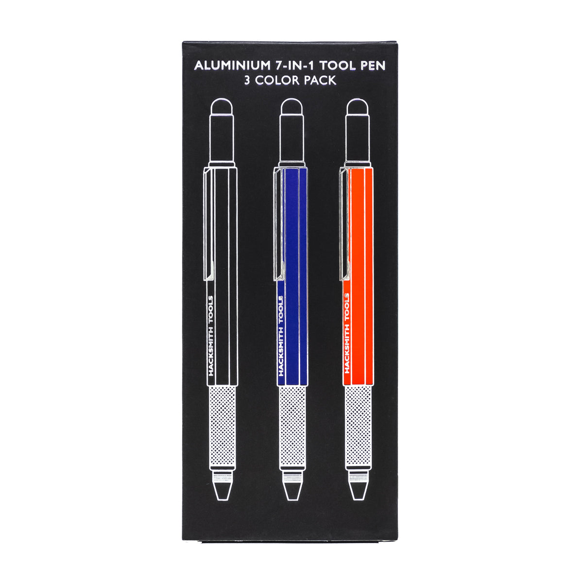 Aluminium 7-in-1 Hacksmith Tools tool pen with multiple functions, displayed in a gift package with various tool accessories.