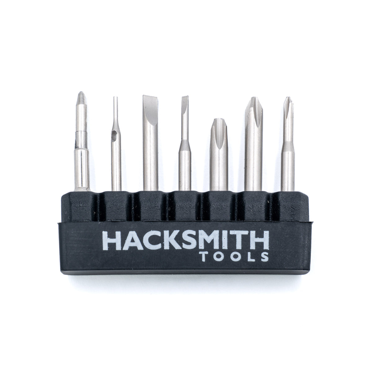 Hacksmith Tools 7-piece assorted bit set with Phillips and flathead bits, including 32mm and 28mm sizes, on a white background.