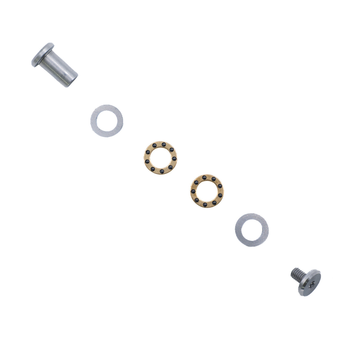 Hacksmith Tools hinge pin, bearings, and washers kit for Smith Blade Pro replacement parts, showing metal components and assembly details.